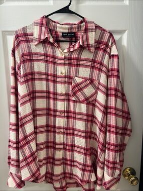 Lane Bryant Cream and Pink Plaid Button-Front Shirt